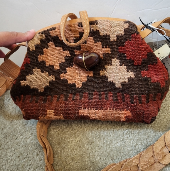 NWT kilim hand woven rug bag genuine vegetable leather made in USA - Picture 1 of 13